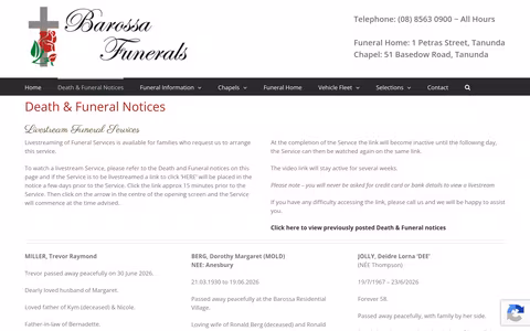 Barossa Funerals website