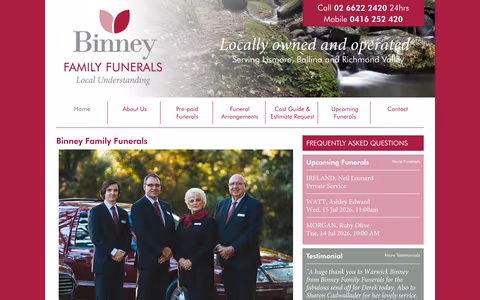 Binney Family Funerals Lismore website